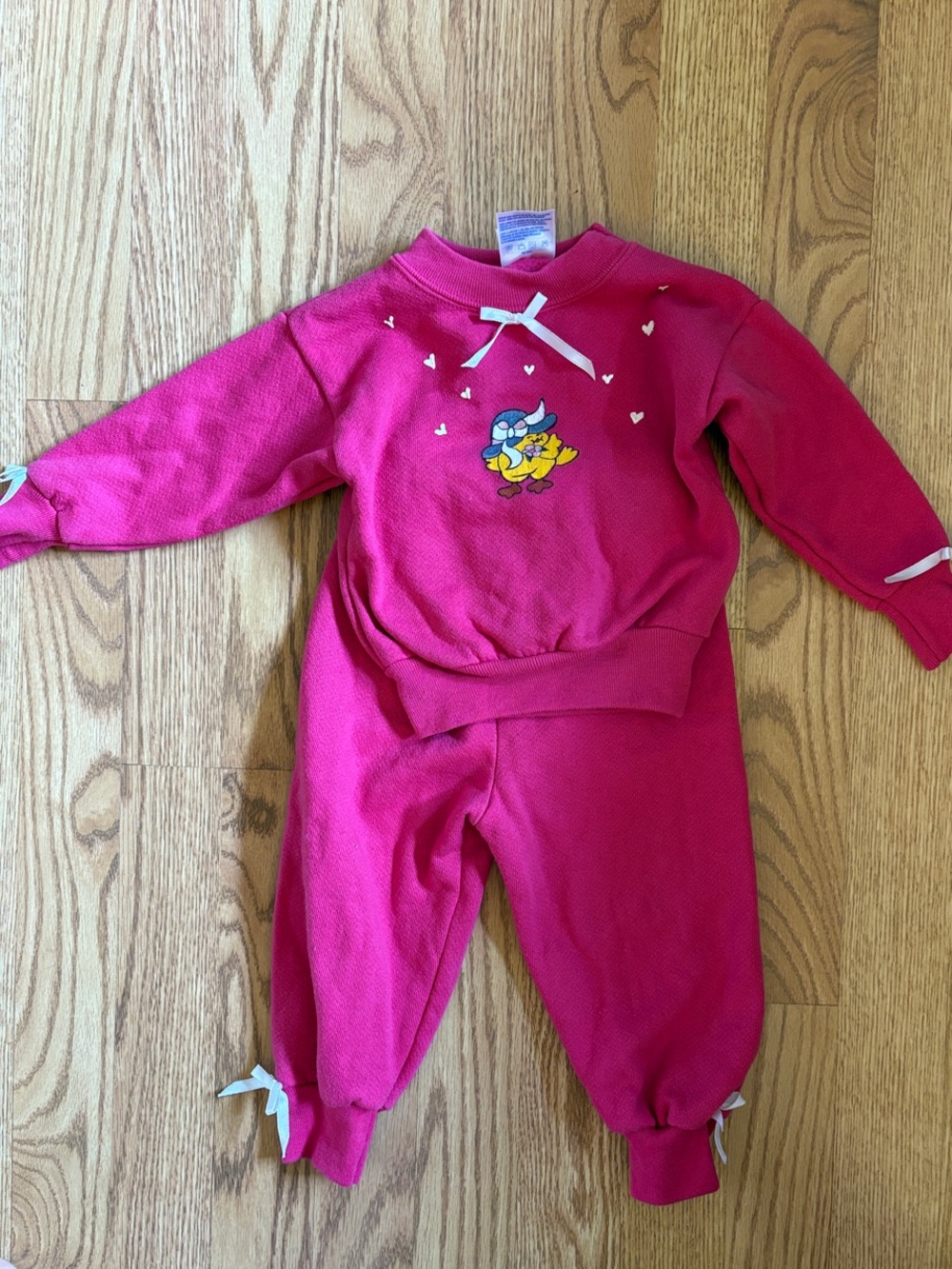 Vintage Hot Pink Sweatshirt and Pants Set with Duck Graphic and Bows